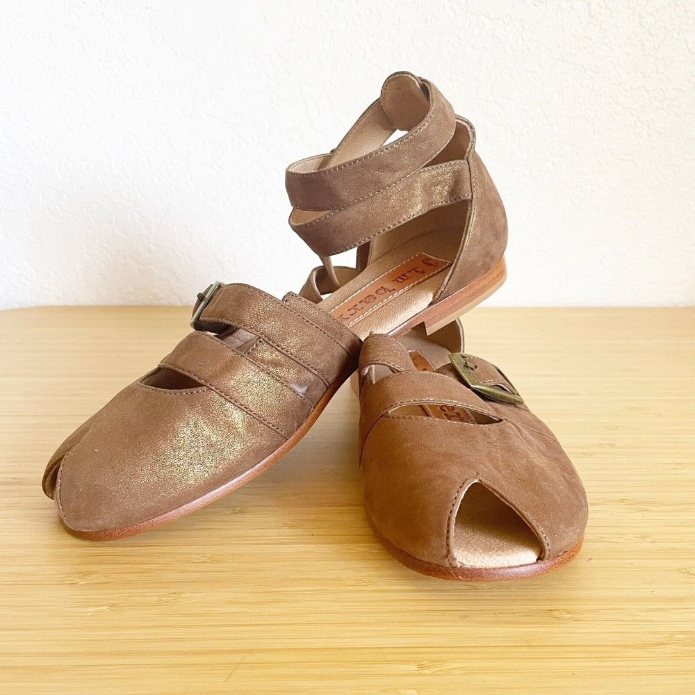 Jim Barnier Womens Size 9 Leather Sandals Peep Toe Ankle Wrap Brown Gold Shimmer - Picture 13 of 13
